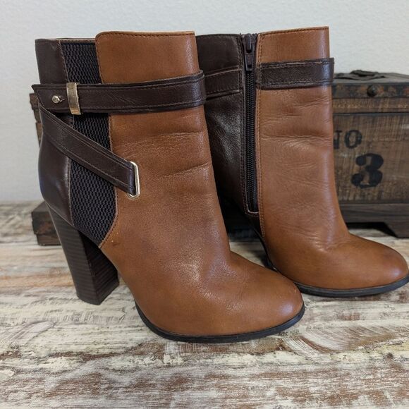 Aldo Shoes - Aldo "Lampley" Two-Tone Congac/Brown Leather Ankle Booties, Size 8